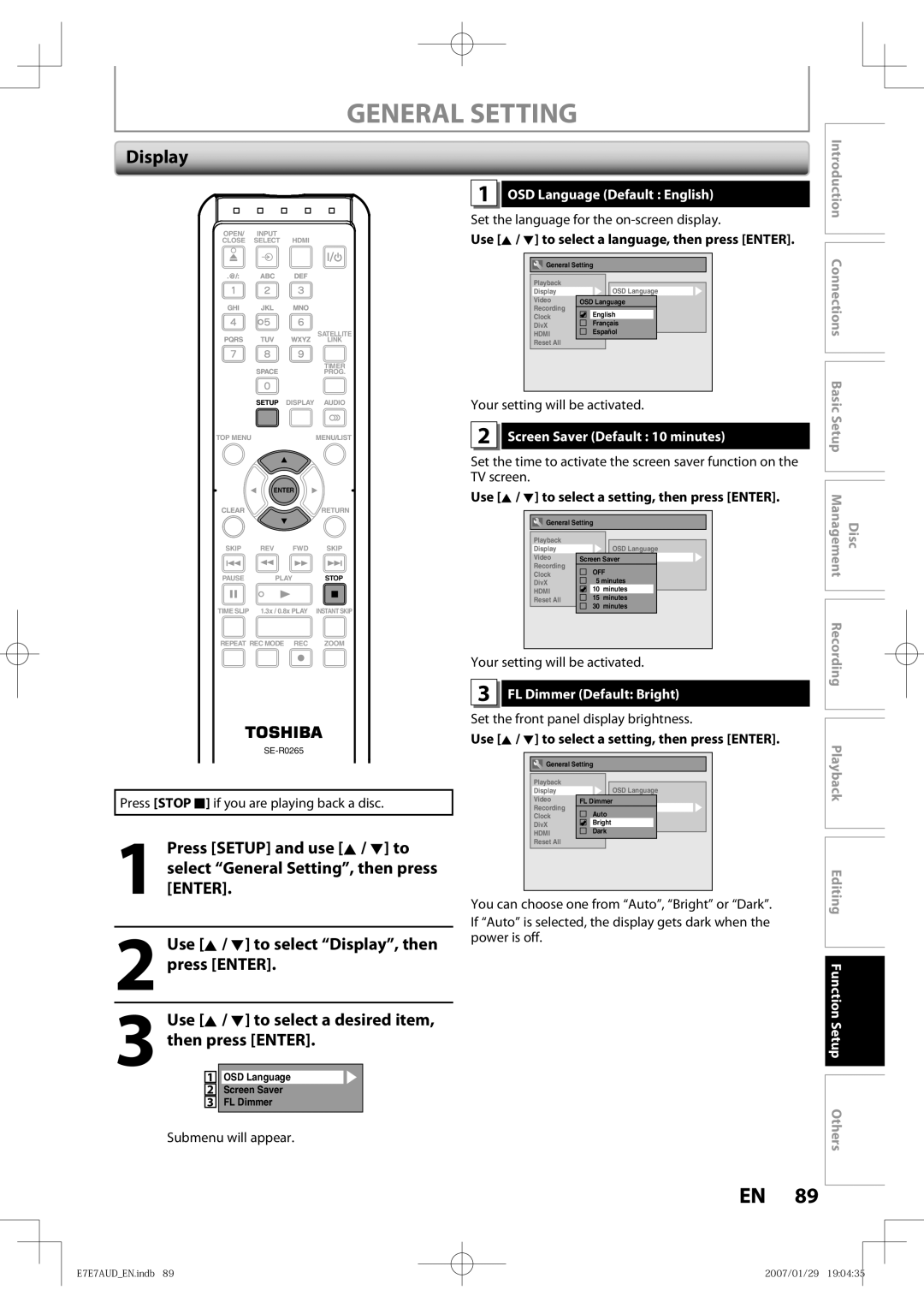 Toshiba D-R400 Display, OSD Language Default English, Screen Saver Default 10 minutes, FL Dimmer Default Bright 