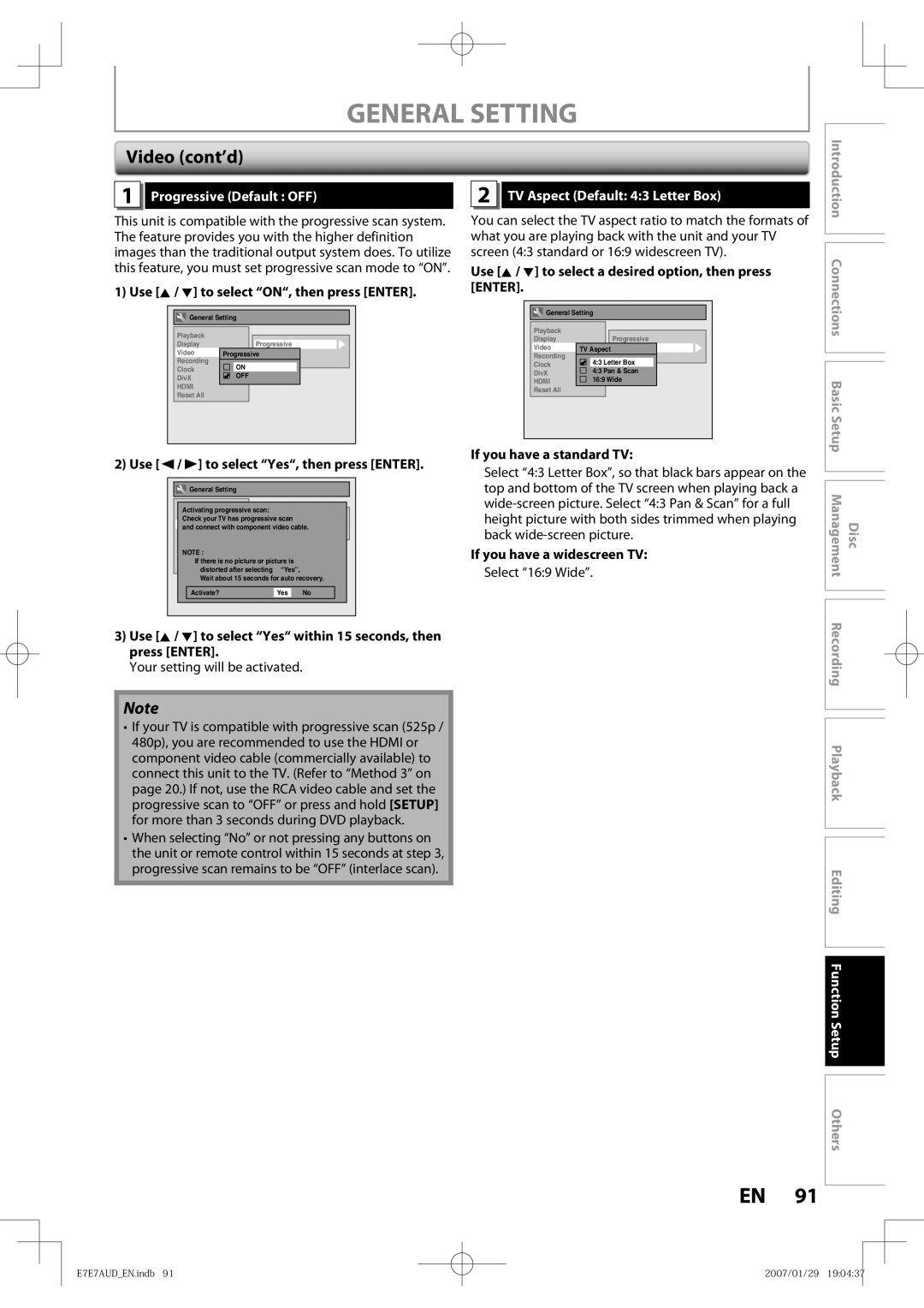 Toshiba D-R400 Video cont’d, Progressive Default OFF, TV Aspect Default 43 Letter Box, Editing Function Setup Others 