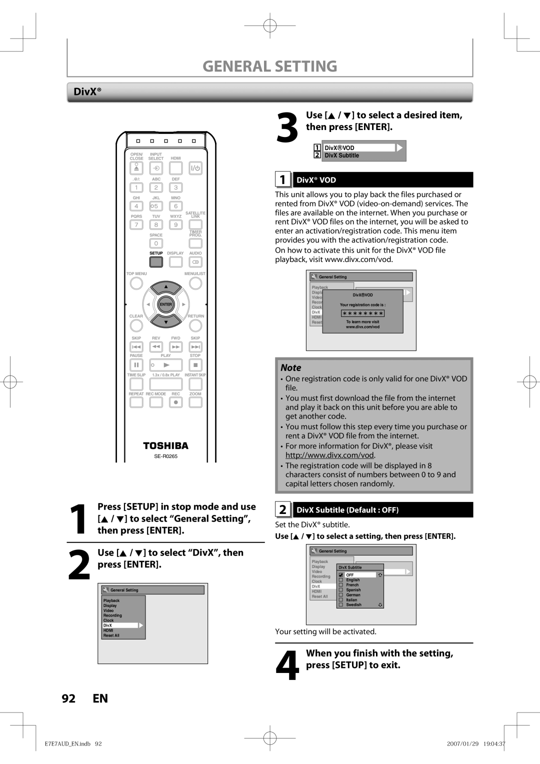 Toshiba D-R400 owner manual DivX VOD, DivX Subtitle Default OFF, Set the DivX subtitle 