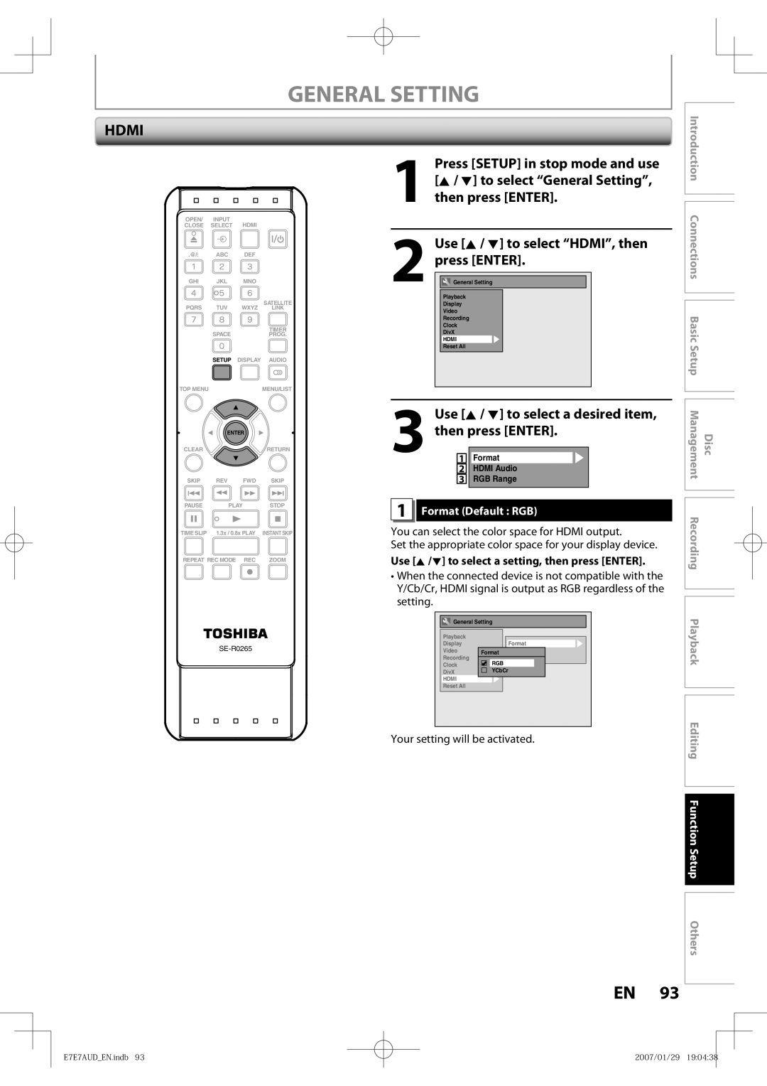 Toshiba D-R400 owner manual Format Default RGB, Use K /L to select a setting, then press Enter, Function Setup Others 