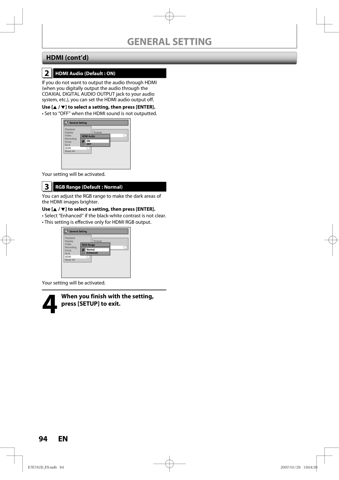 Toshiba D-R400 owner manual Hdmi cont’d, Hdmi Audio Default on, Set to OFF when the Hdmi sound is not outputted 