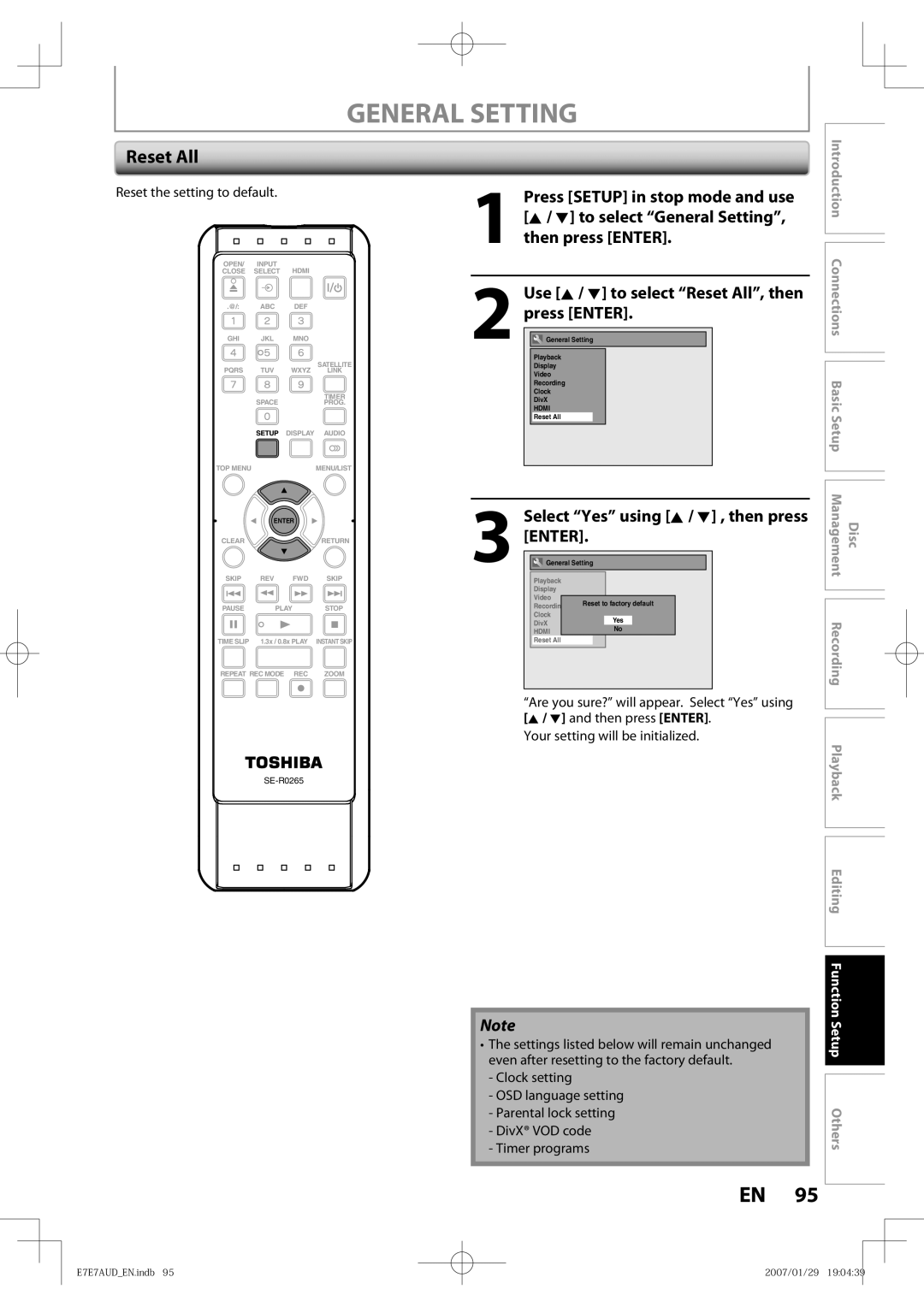 Toshiba D-R400 owner manual Generalgeneral Settingsetting, Reset All, Select Yes using K / L , then press Enter 