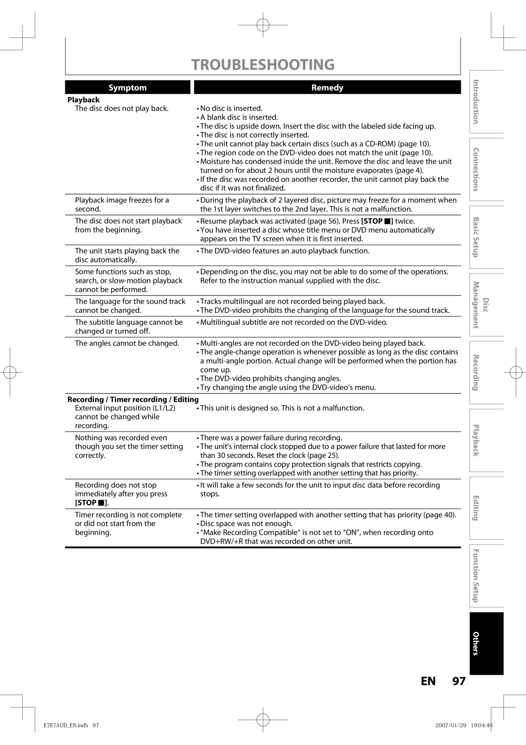 Toshiba D-R400 owner manual Troubleshooting, Recording / Timer recording / Editing, Stop C 