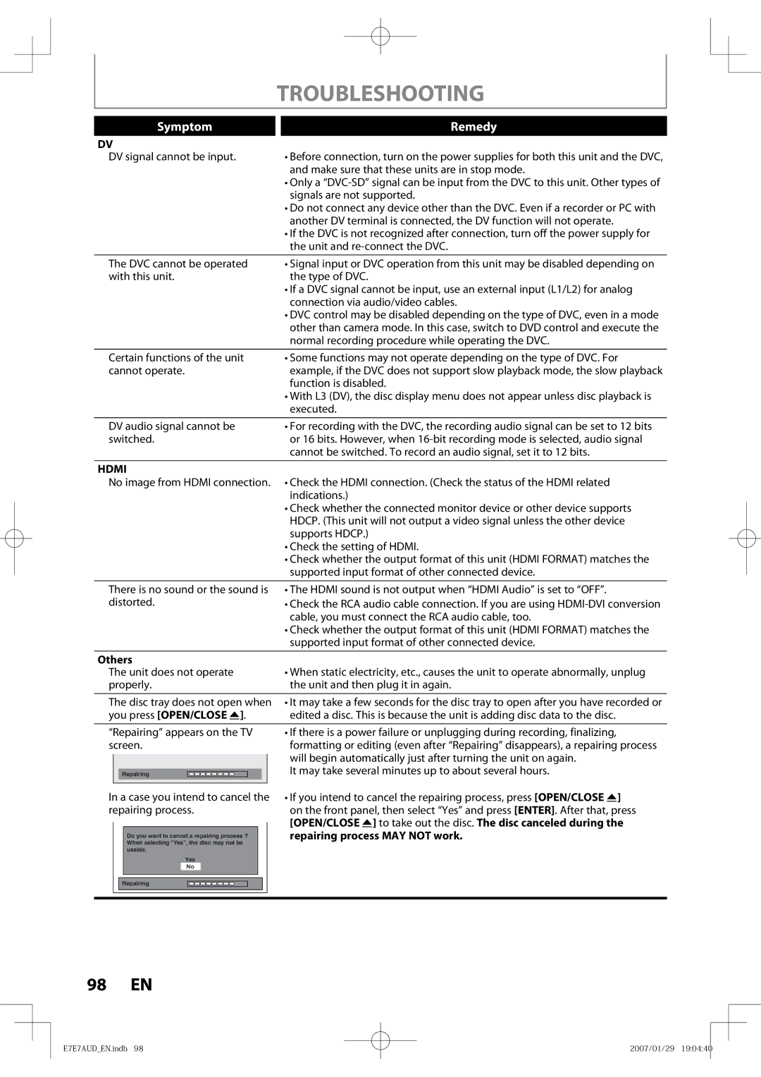 Toshiba D-R400 owner manual Remedy, Hdmi 