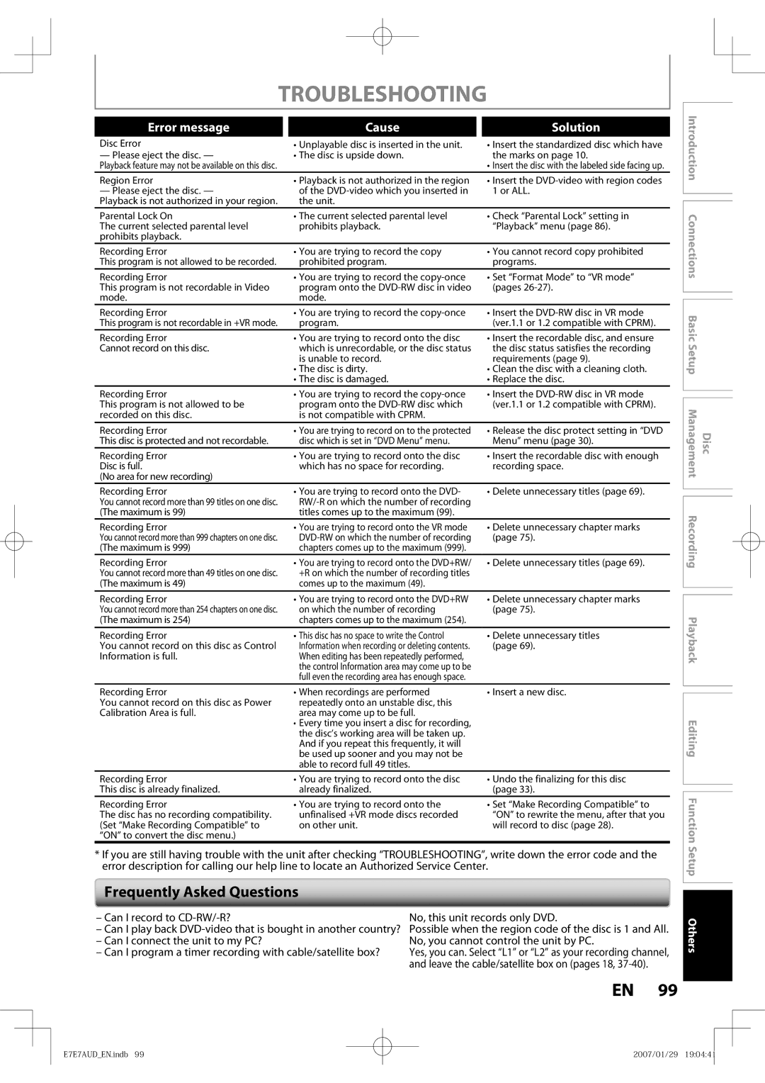 Toshiba D-R400 owner manual Frequently Asked Questions, Can I record to CD-RW/-R?, Others 