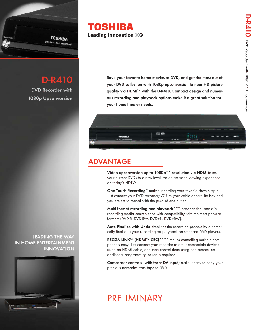 Toshiba D-R410 manual Leading the WAY in Home Entertainment Innovation 