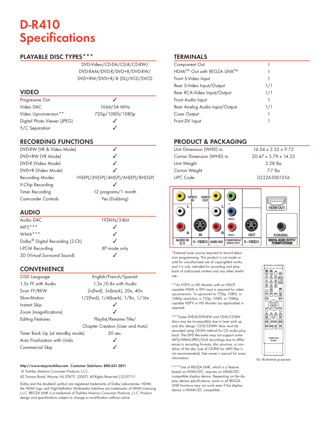 Toshiba D-R410 manual R410 Specifications 