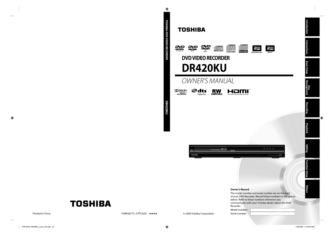 Toshiba D-R420KU owner manual Owner’s Record, Editing 