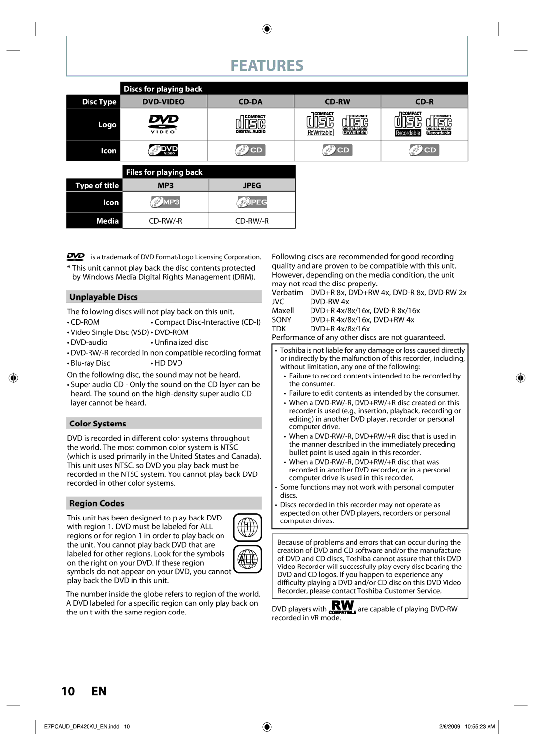 Toshiba D-R420KU owner manual Unplayable Discs, Color Systems, Region Codes, Cd-Da Cd-Rw, MP3JPEG 