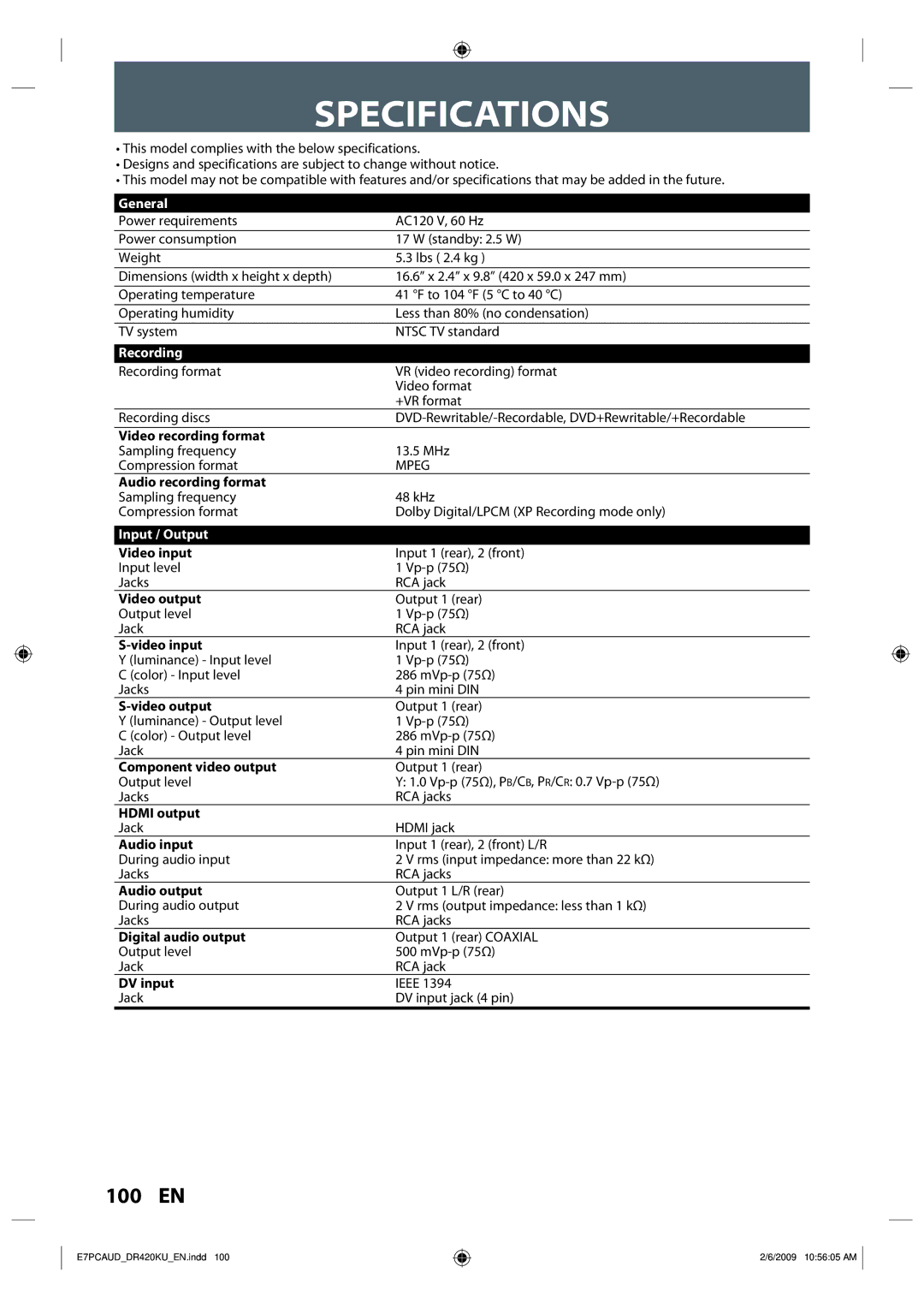 Toshiba D-R420KU owner manual Specifications, General, Recording, Input / Output 