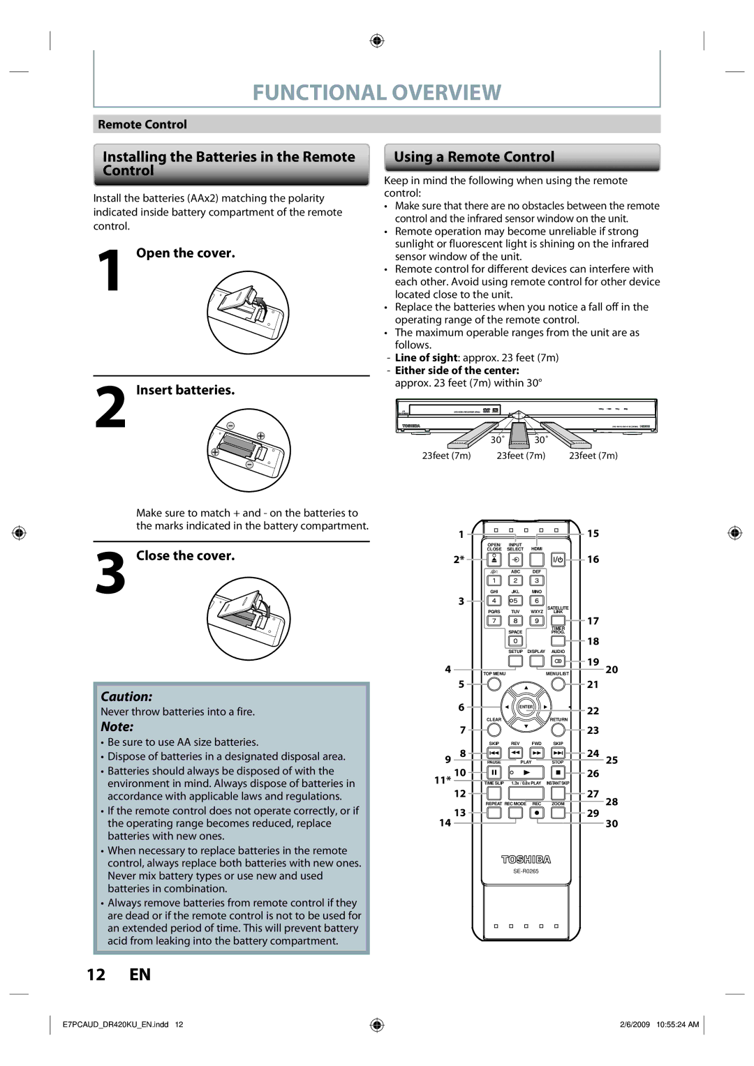 Toshiba D-R420KU owner manual Functional Overview, Installing the Batteries in the Remote Control, Using a Remote Control 