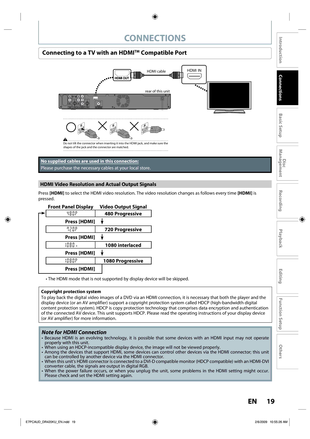 Toshiba D-R420KU owner manual Connections, Connecting to a TV with an Hdmitm Compatible Port, Copyright protection system 