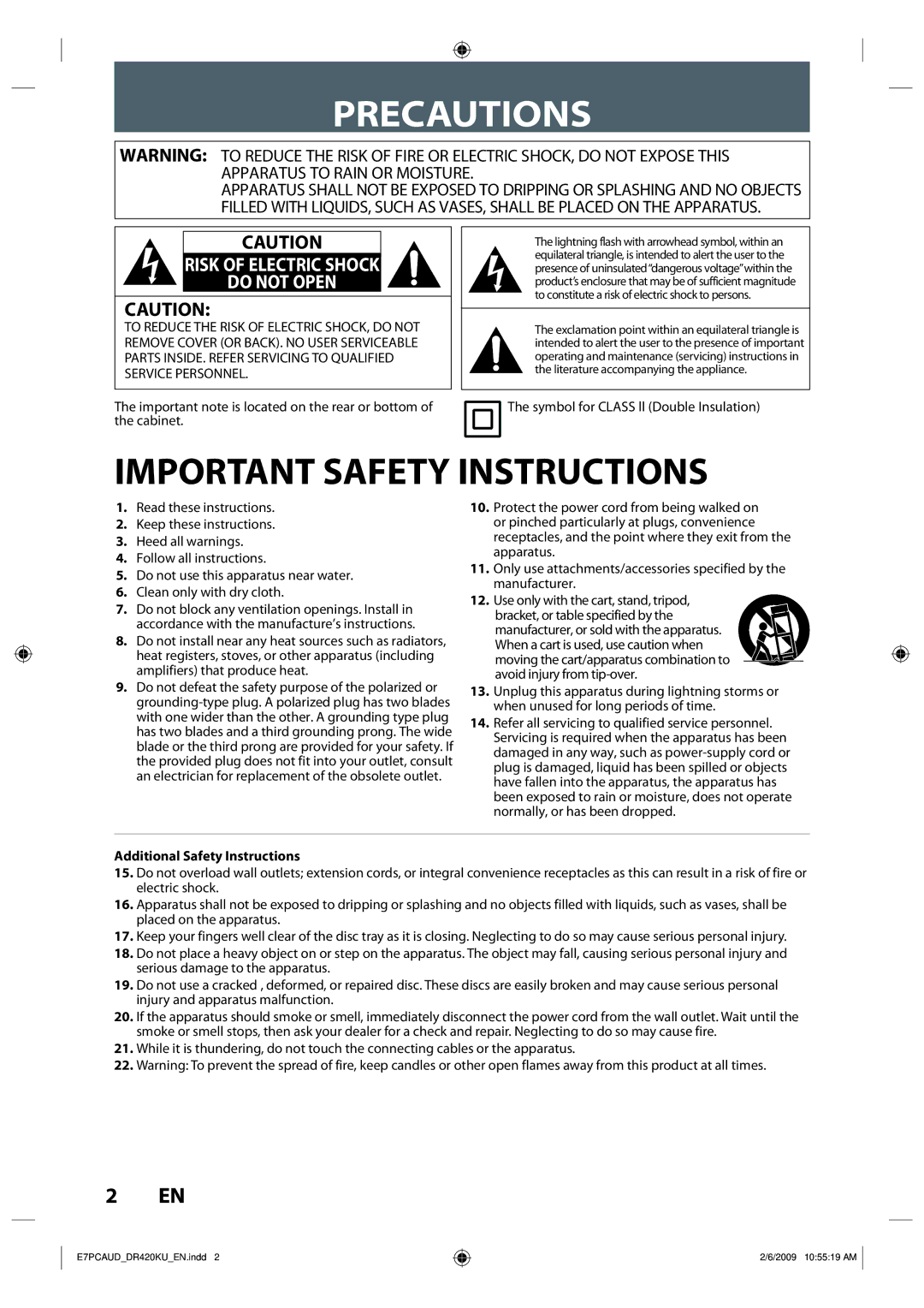 Toshiba D-R420KU owner manual Precautions, Symbol for Class ll Double Insulation, Additional Safety Instructions 