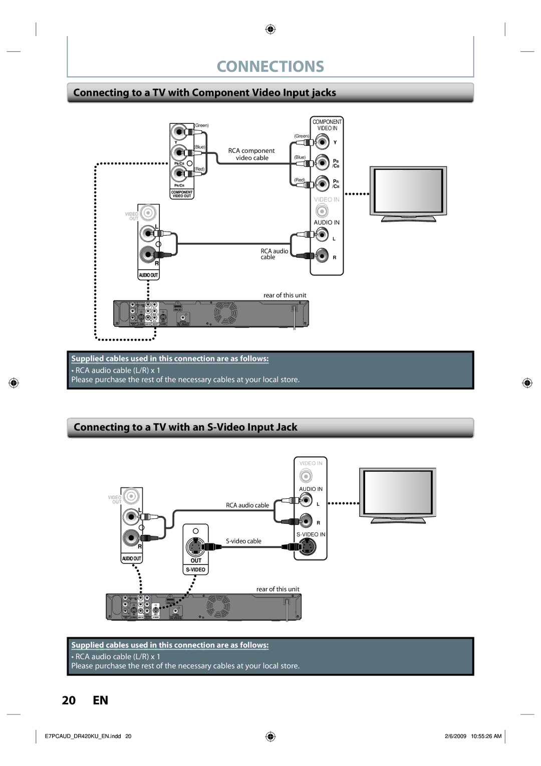 Toshiba D-R420KU Connecting to a TV with Component Video Input jacks, Connecting to a TV with an S-Video Input Jack 