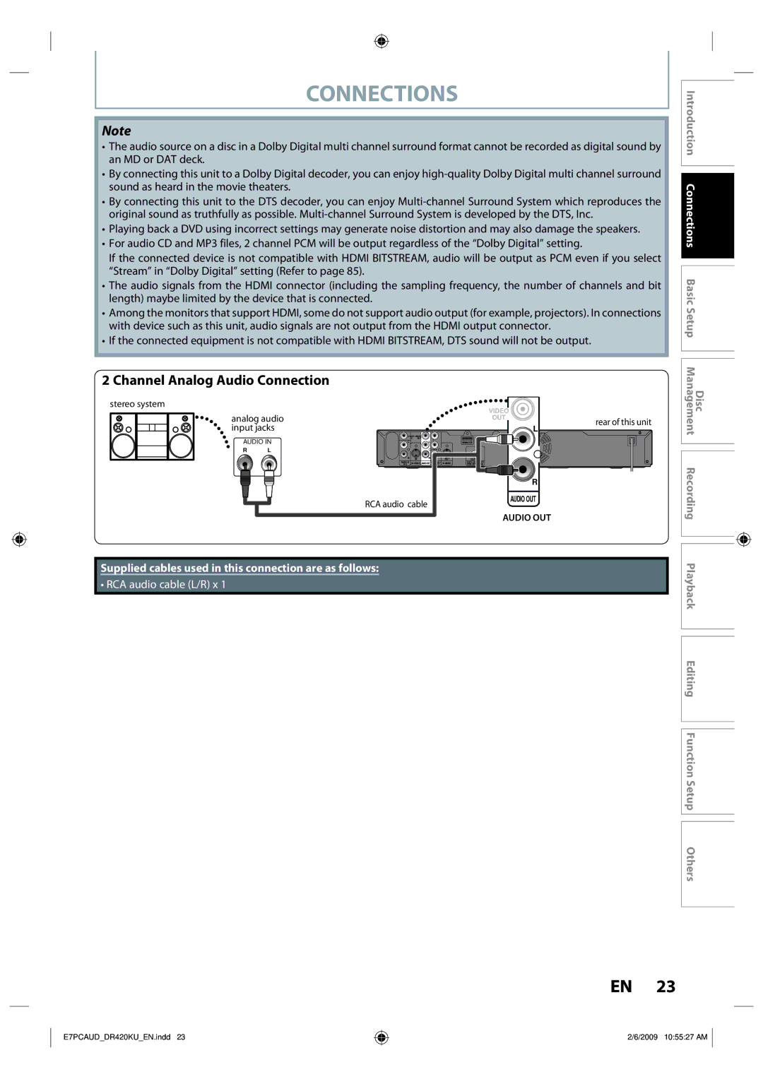 Toshiba D-R420KU owner manual Channel Analog Audio Connection, Playback 