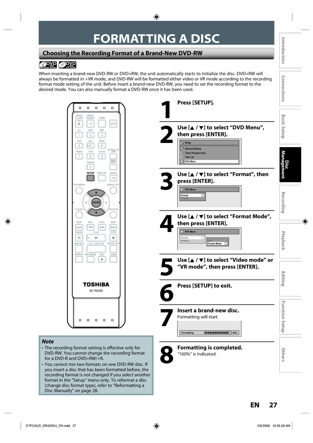 Toshiba D-R420KU owner manual Formatting a Disc, Choosing the Recording Format of a Brand-New DVD-RW 