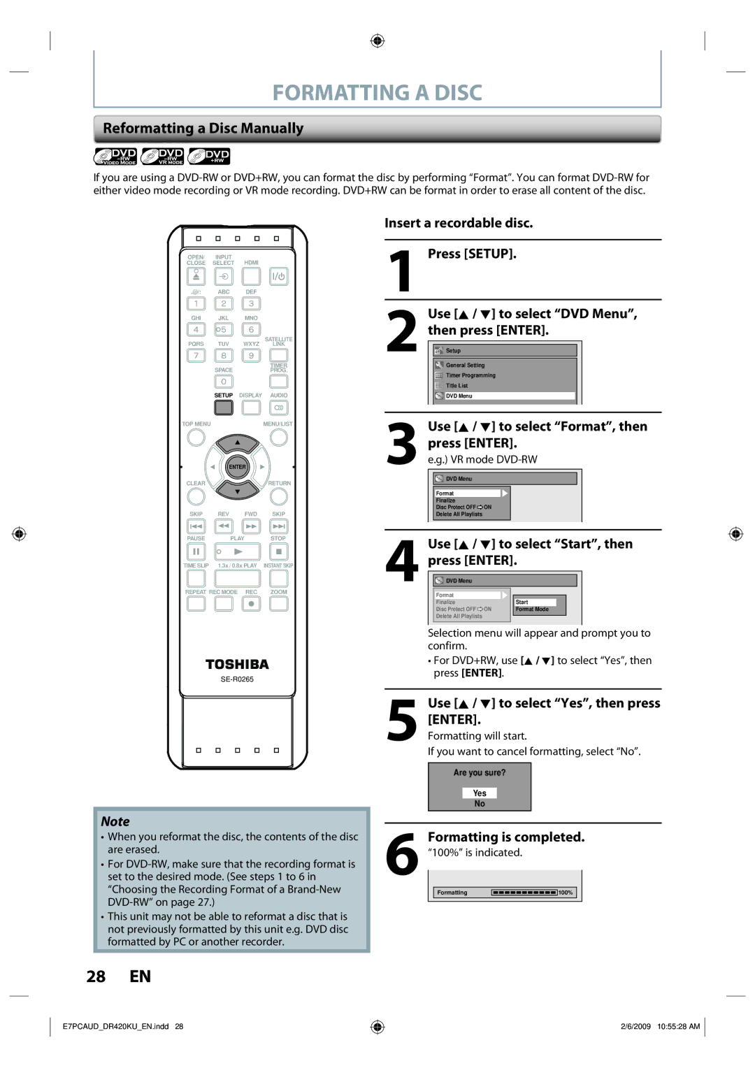 Toshiba D-R420KU owner manual Formatting a Disc, Reformatting a Disc Manually, Formatting is completed.100% is indicated 