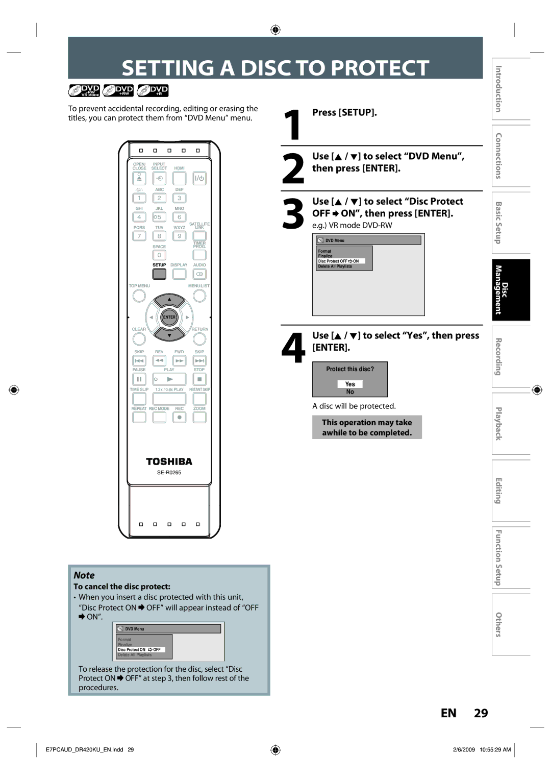 Toshiba D-R420KU Setting a Disc to Protect, Press Setup Use K / L to select DVD Menu, then press Enter, Connections 