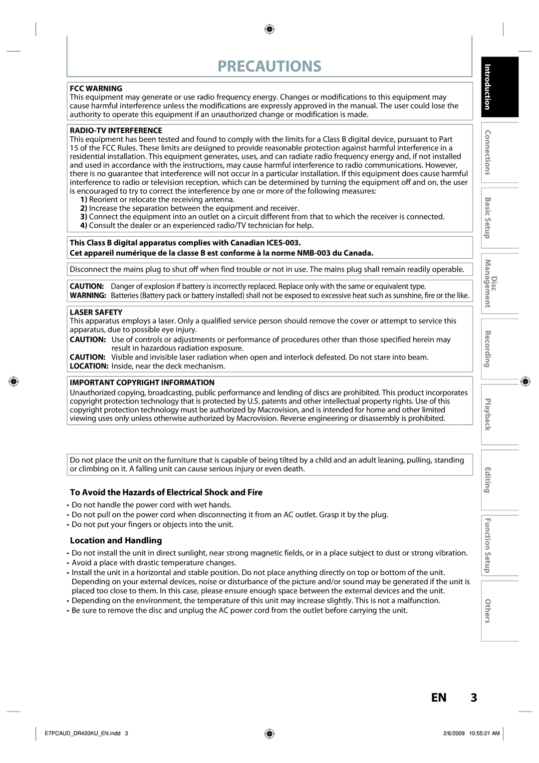 Toshiba D-R420KU owner manual Precautions, To Avoid the Hazards of Electrical Shock and Fire, Location and Handling 