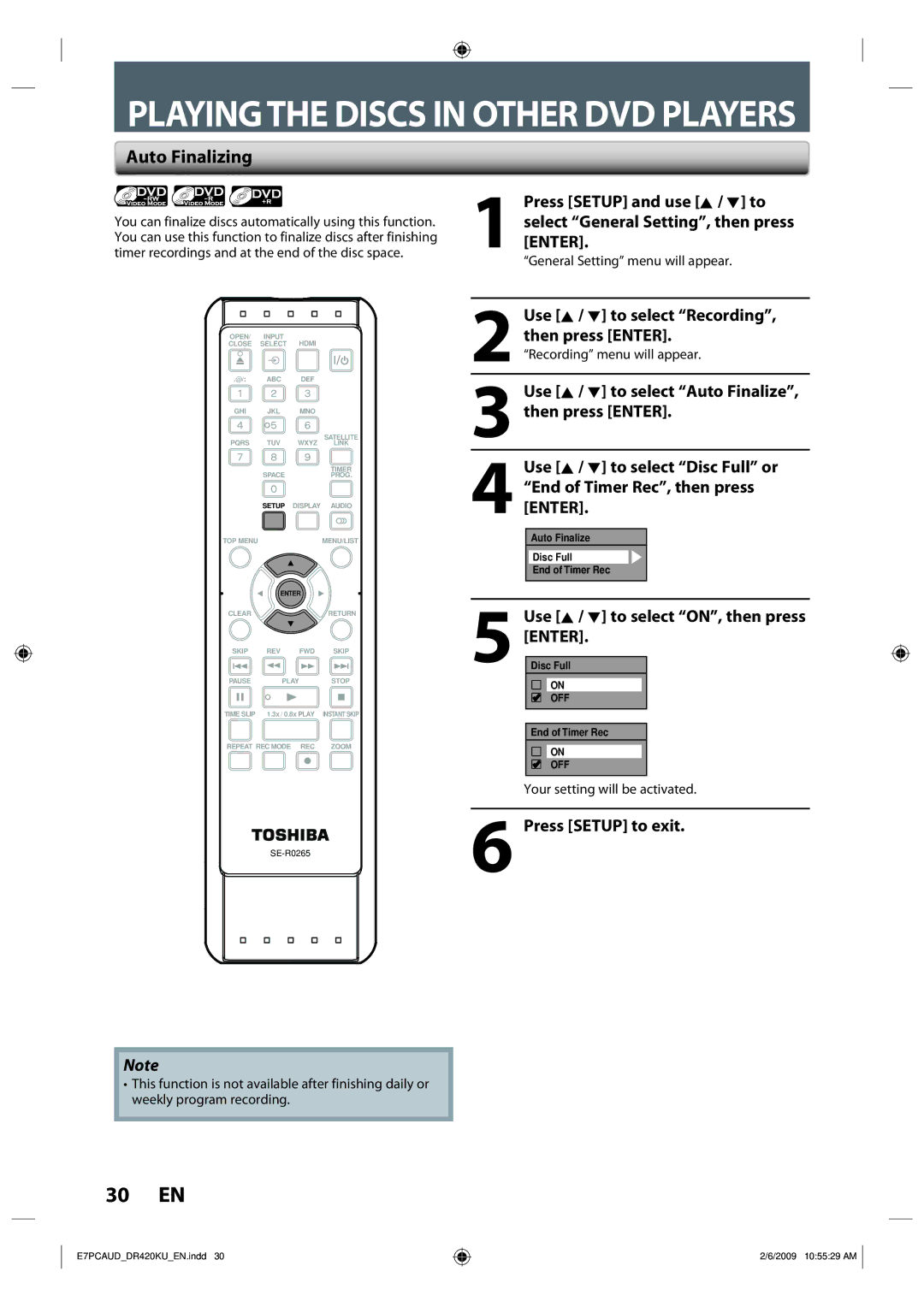 Toshiba D-R420KU owner manual Auto Finalizing, Press Setup and use K / L to, Enter, Use K / L to select Recording 