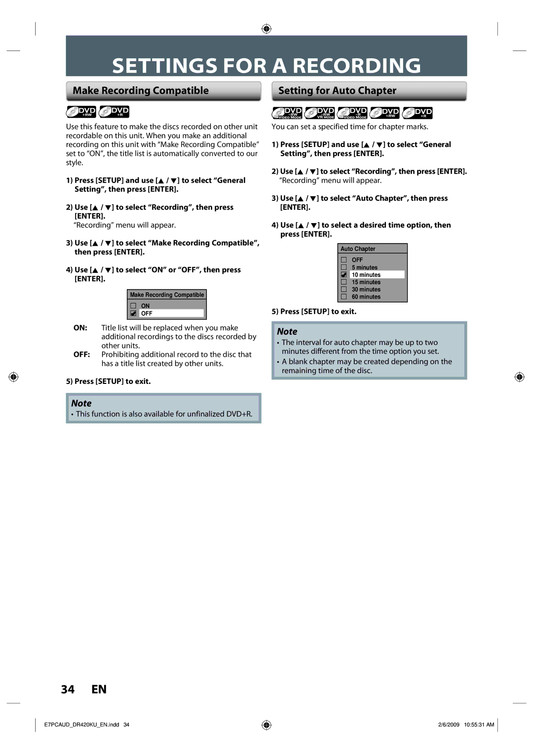 Toshiba D-R420KU Settings for a Recording, Make Recording Compatible, Setting for Auto Chapter, Press Setup to exit 