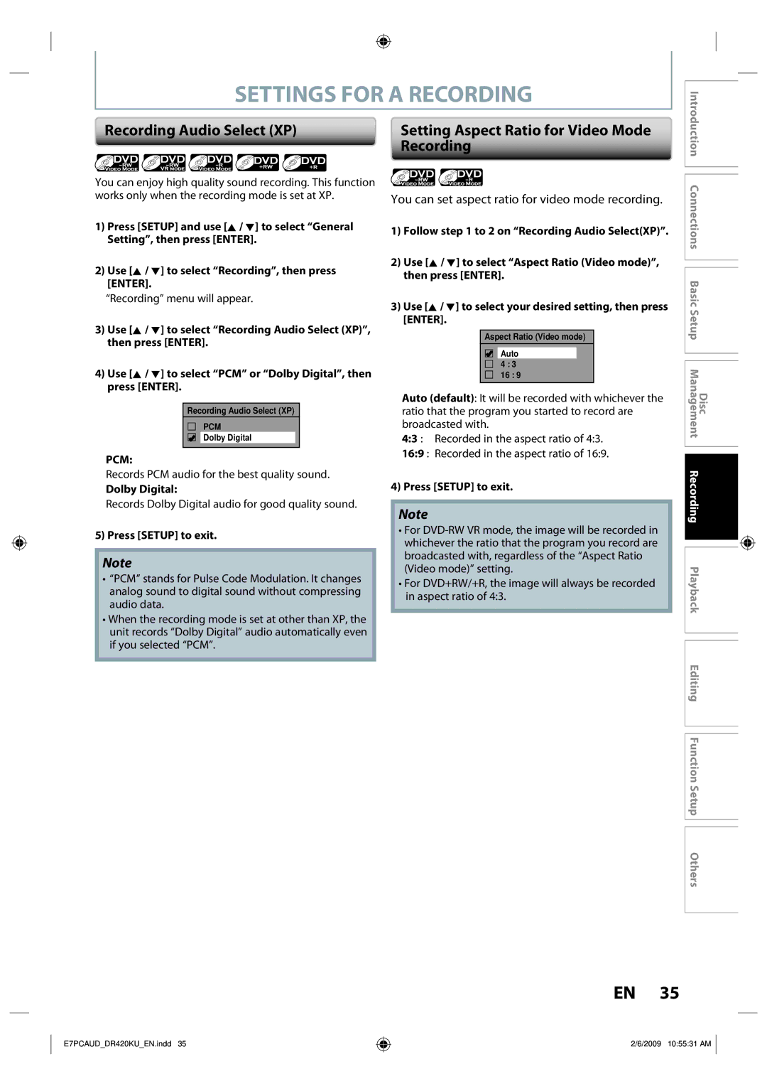 Toshiba D-R420KU owner manual Settings for a Recording, Recording Audio Select XP, Setting Aspect Ratio for Video Mode, Pcm 