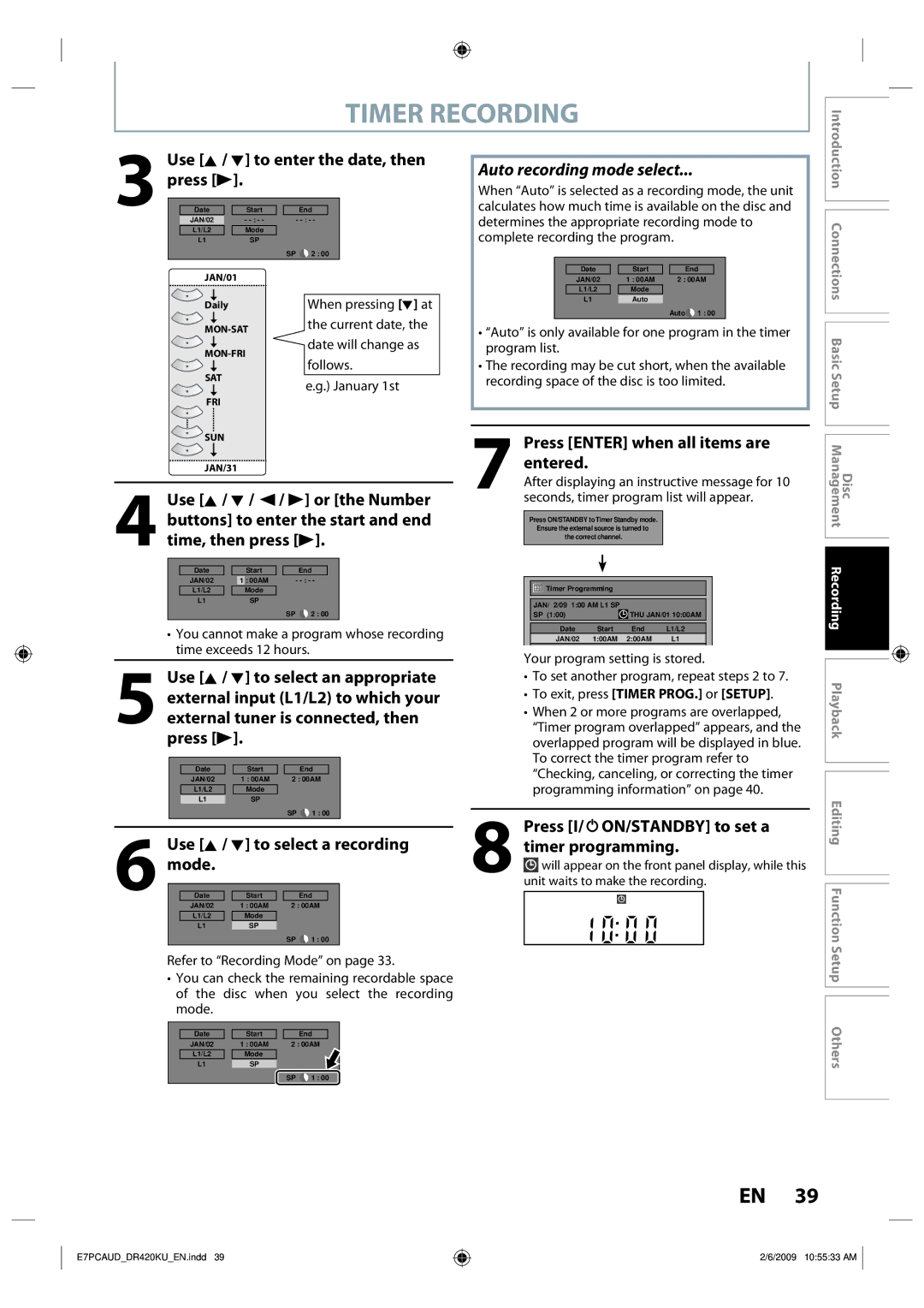 Toshiba D-R420KU Timer Recording, Use K / L to enter the date, then press B, Use K / L to select a recording mode 