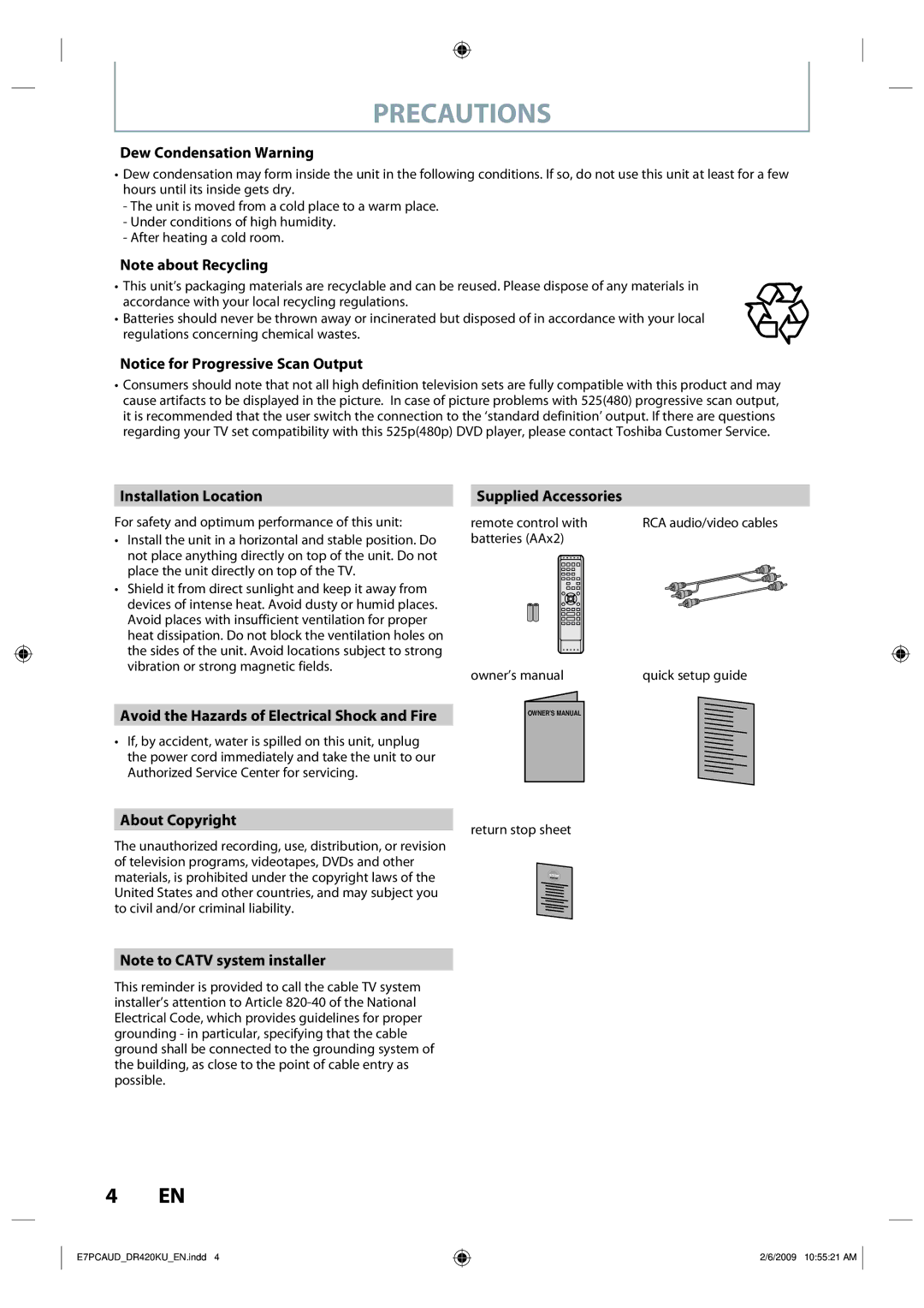 Toshiba D-R420KU Dew Condensation Warning, Installation Location, Avoid the Hazards of Electrical Shock and Fire 