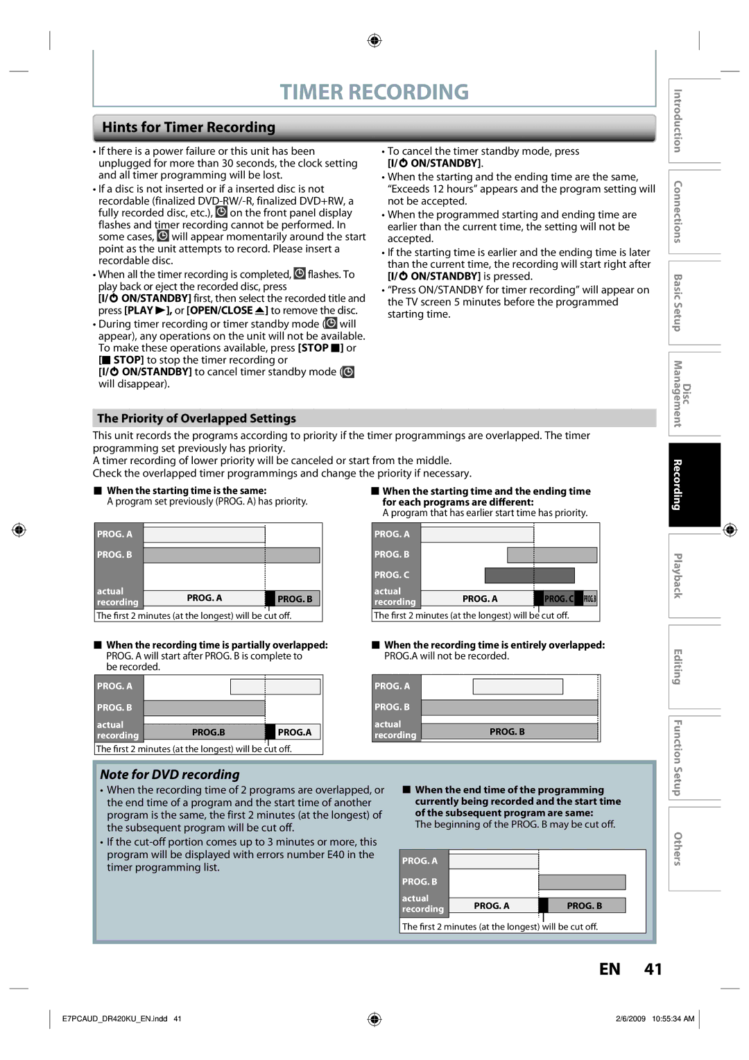 Toshiba D-R420KU Hints for Timer Recording, Priority of Overlapped Settings, Disc Connections Basic Setup Management 