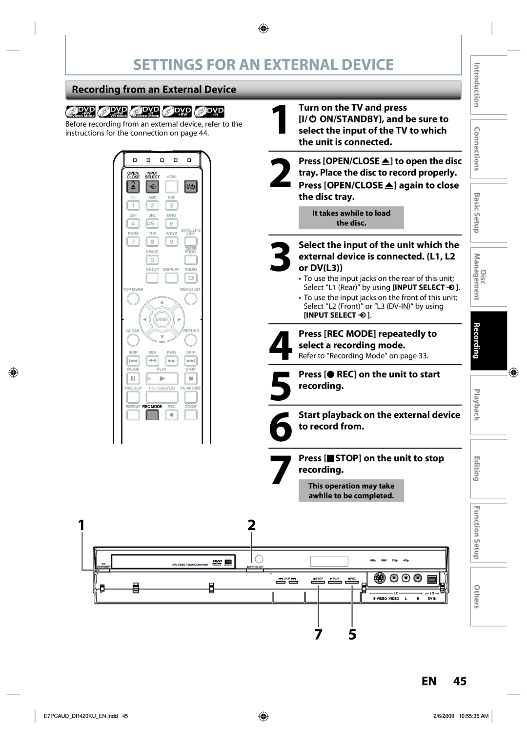 Toshiba D-R420KU Settings for AN External Device, Recording from an External Device, It takes awhile to load Disc 