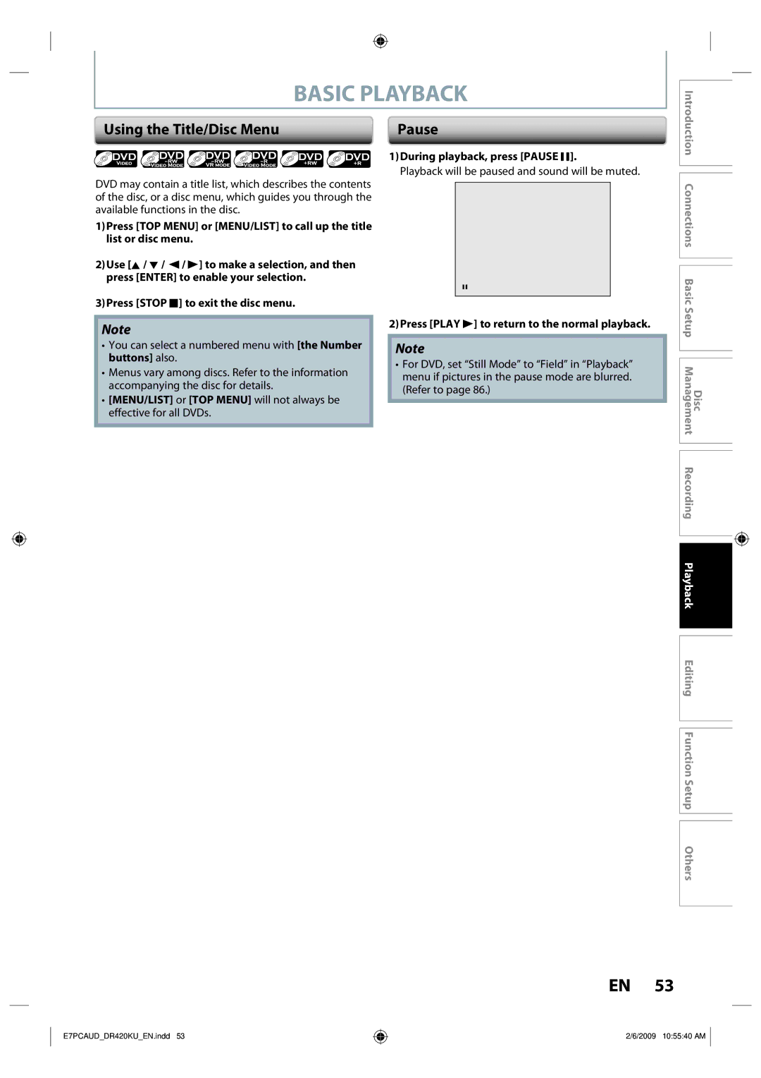 Toshiba D-R420KU owner manual Using the Title/Disc Menu, Playback will be paused and sound will be muted 