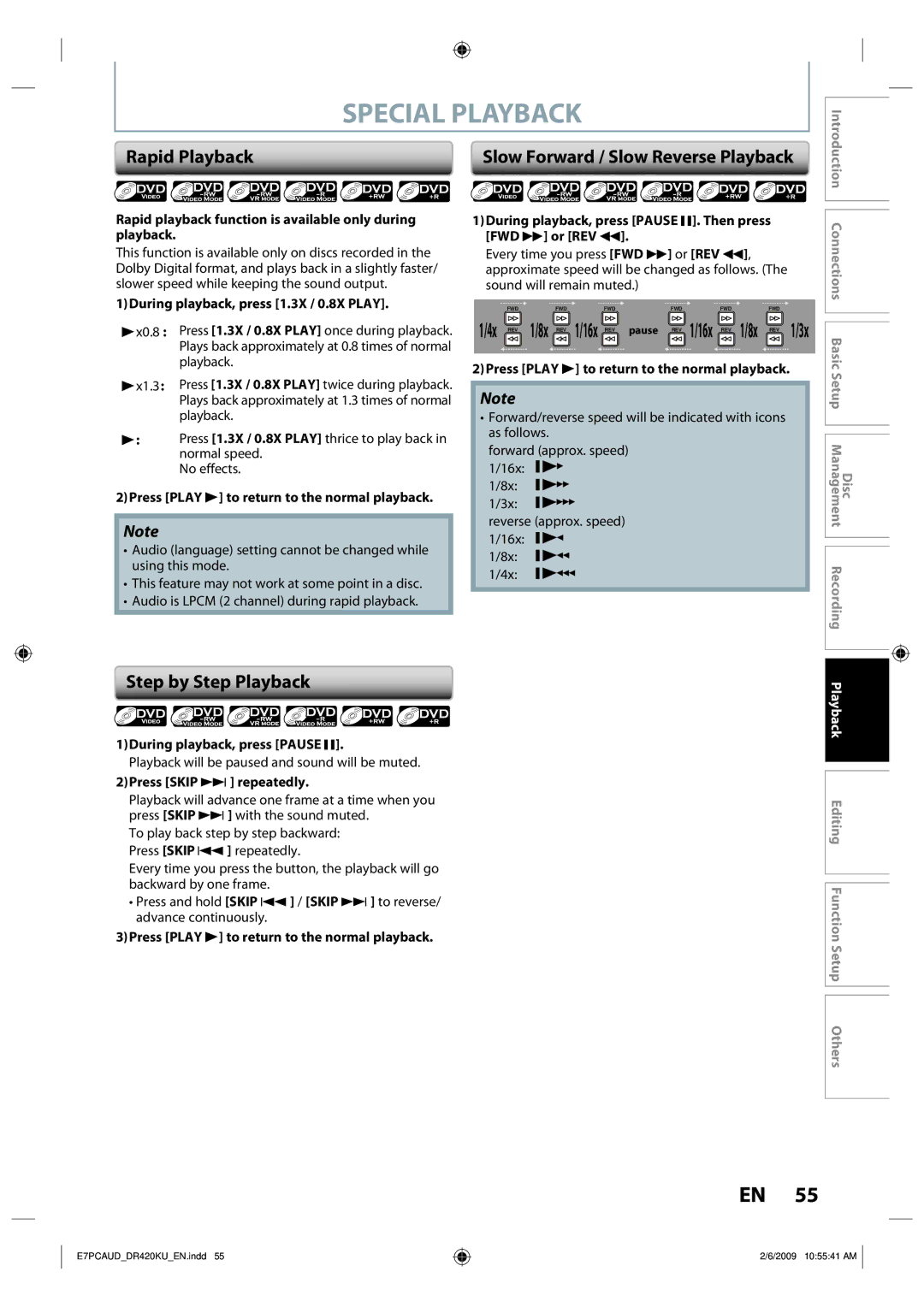 Toshiba D-R420KU Special Playback, Rapid Playback, Step by Step Playback, Slow Forward / Slow Reverse Playback, 4x REV 