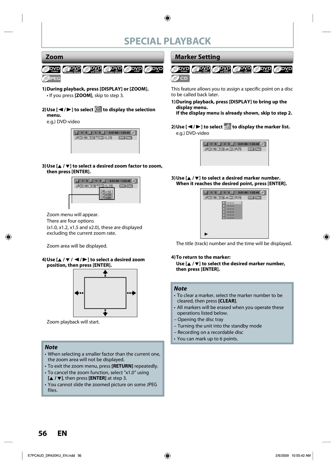 Toshiba D-R420KU owner manual Marker Setting, During playback, press Display or Zoom 