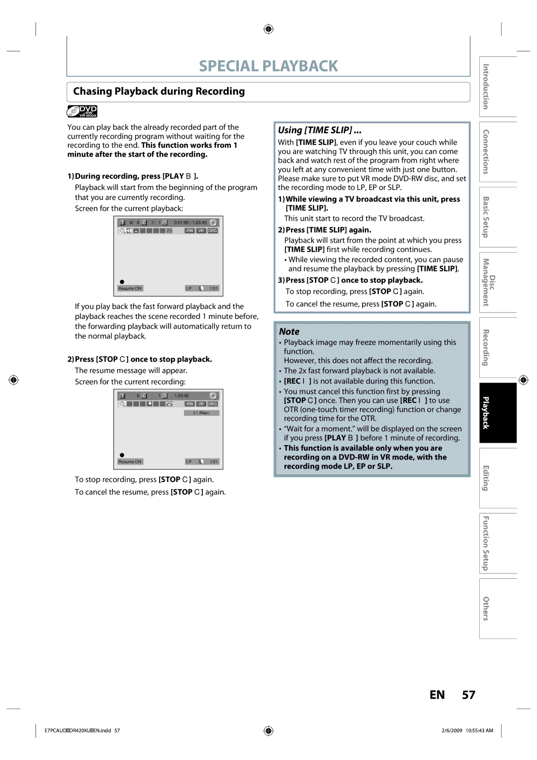 Toshiba D-R420KU owner manual Chasing Playback during Recording, During recording, press Play B, Press Time Slip again 