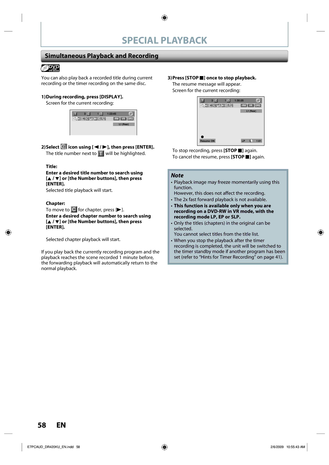 Toshiba D-R420KU owner manual Simultaneous Playback and Recording, Selected title playback will start, Chapter 