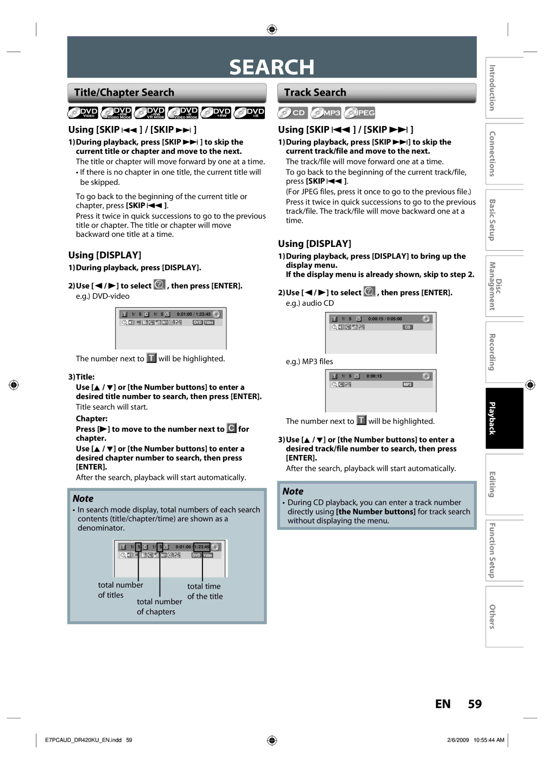 Toshiba D-R420KU owner manual Title/Chapter Search, Using Skip j / Skip, Using Display, Enter 