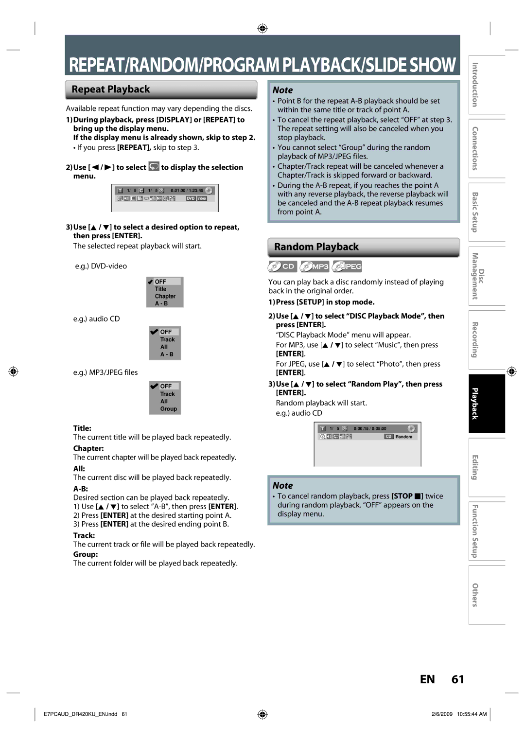 Toshiba D-R420KU owner manual Repeat Playback, Random Playback 