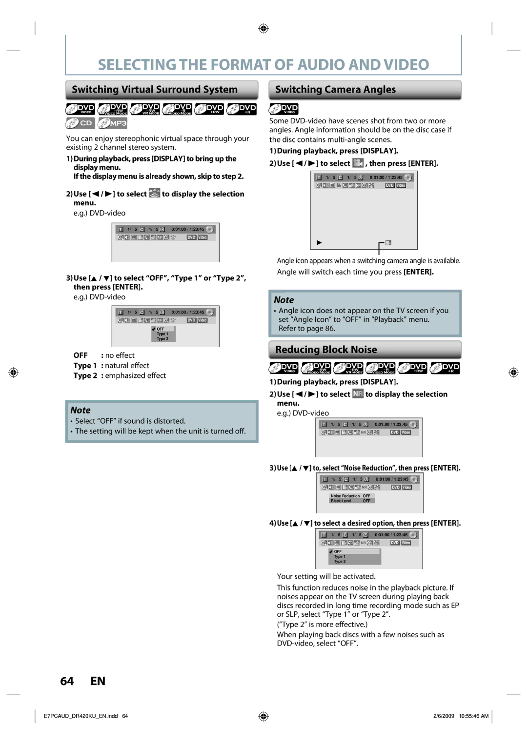 Toshiba D-R420KU Selecting the Format of Audio and Video, Switching Virtual Surround System Switching Camera Angles 