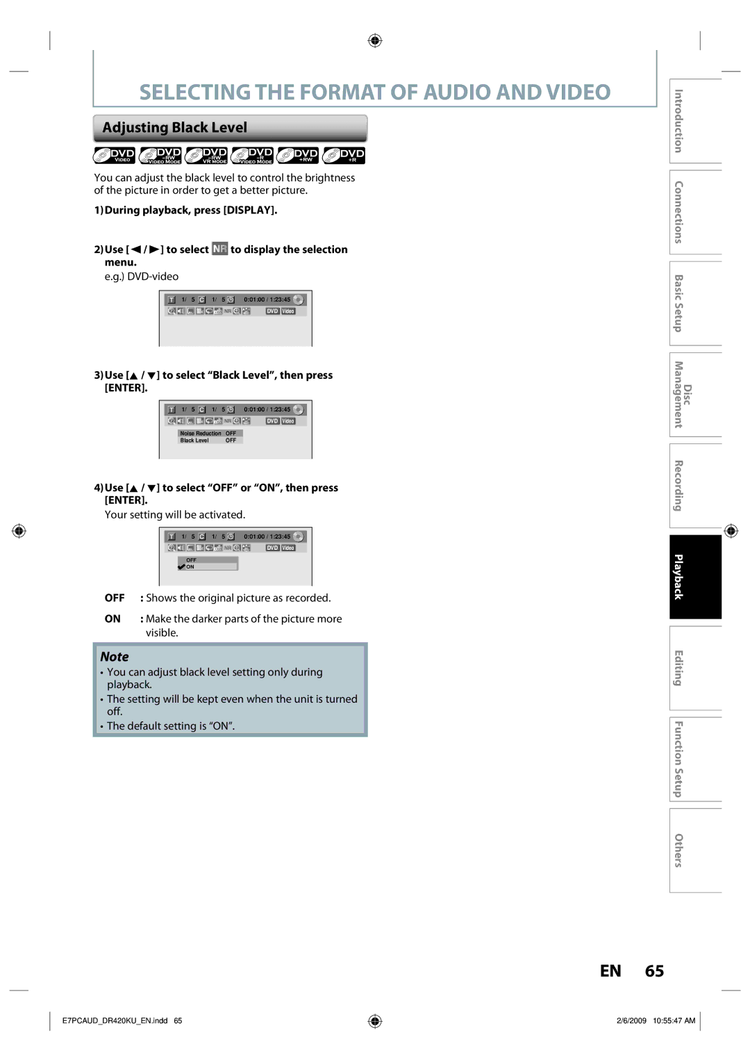 Toshiba D-R420KU Adjusting Black Level, Use K / L to select Black Level, then press Enter, Your setting will be activated 