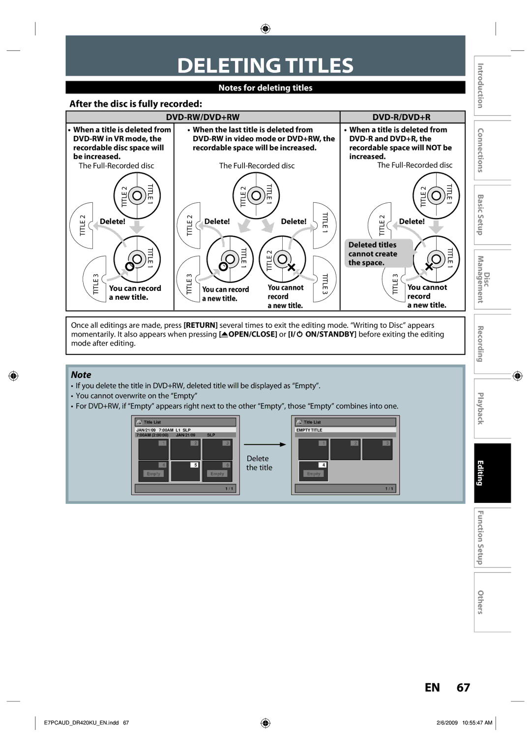 Toshiba D-R420KU Deleting Titles, After the disc is fully recorded, Disc Basic Setup Management, Recording Playback 