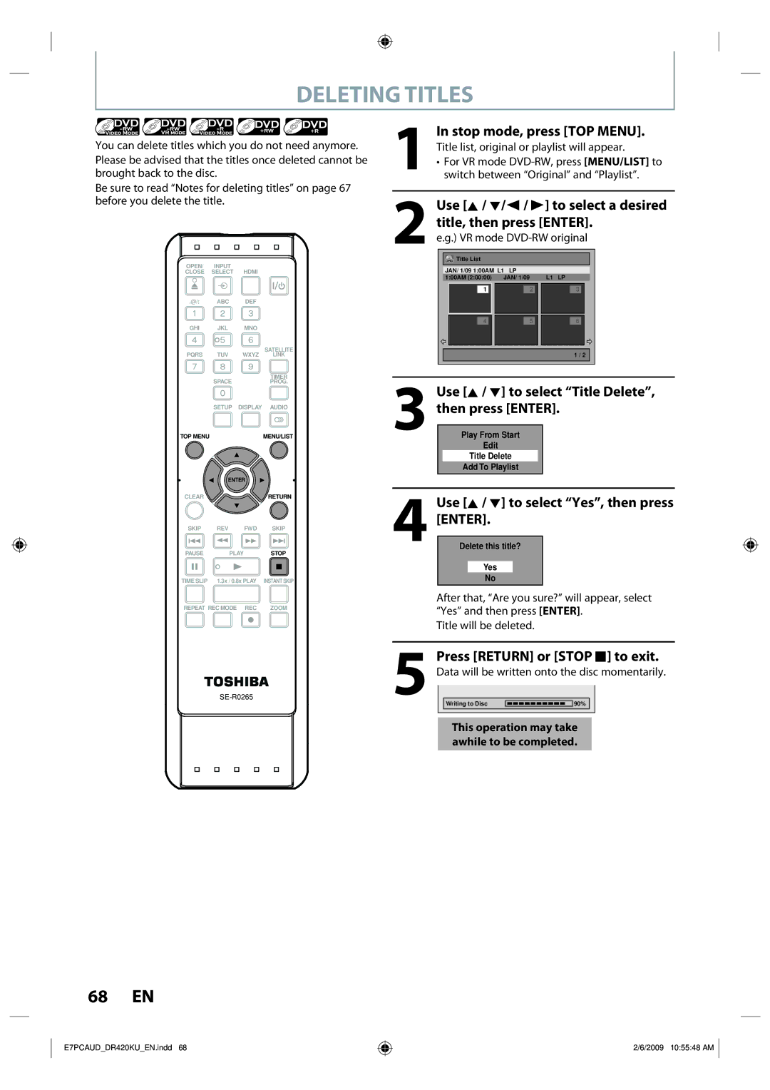 Toshiba D-R420KU Deleting Titles, Use K / L to select Title Delete, then press Enter, Switch between Original and Playlist 