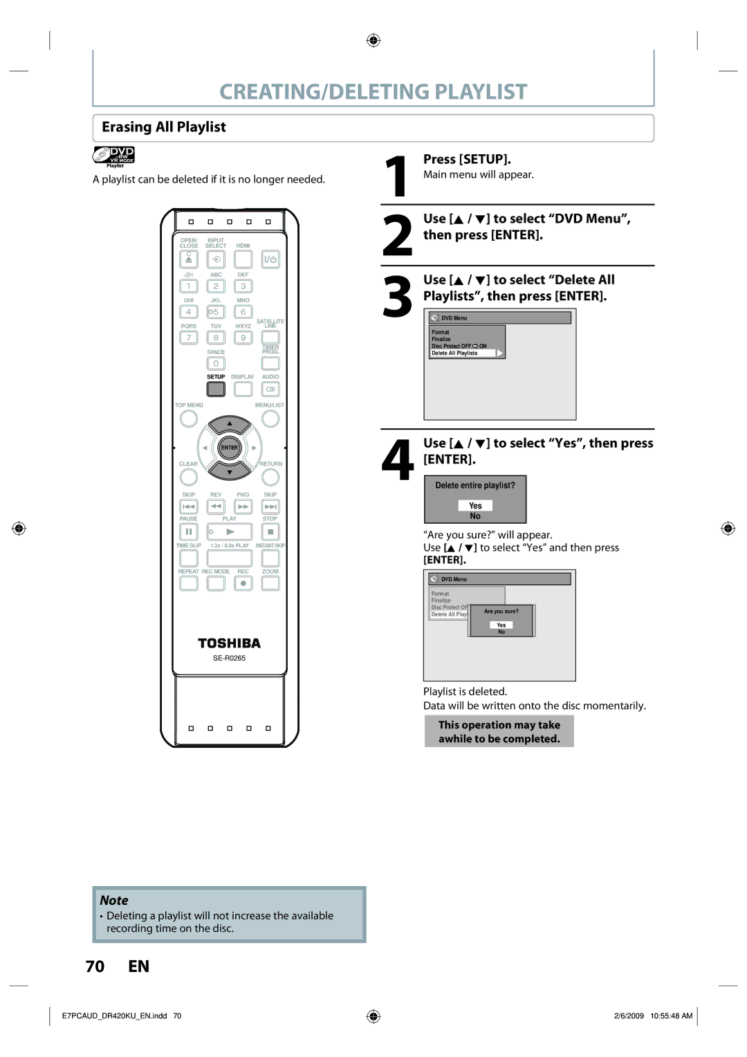 Toshiba D-R420KU owner manual CREATING/DELETING Playlist, Erasing All Playlist 