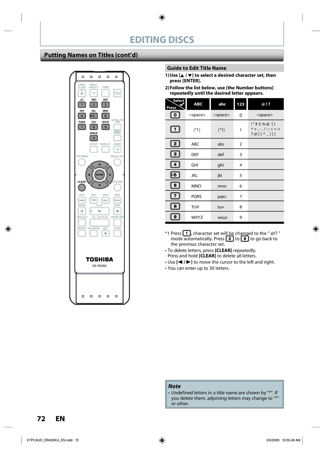 Toshiba D-R420KU owner manual Editing Discs, Putting Names on Titles cont’d, Guide to Edit Title Name 