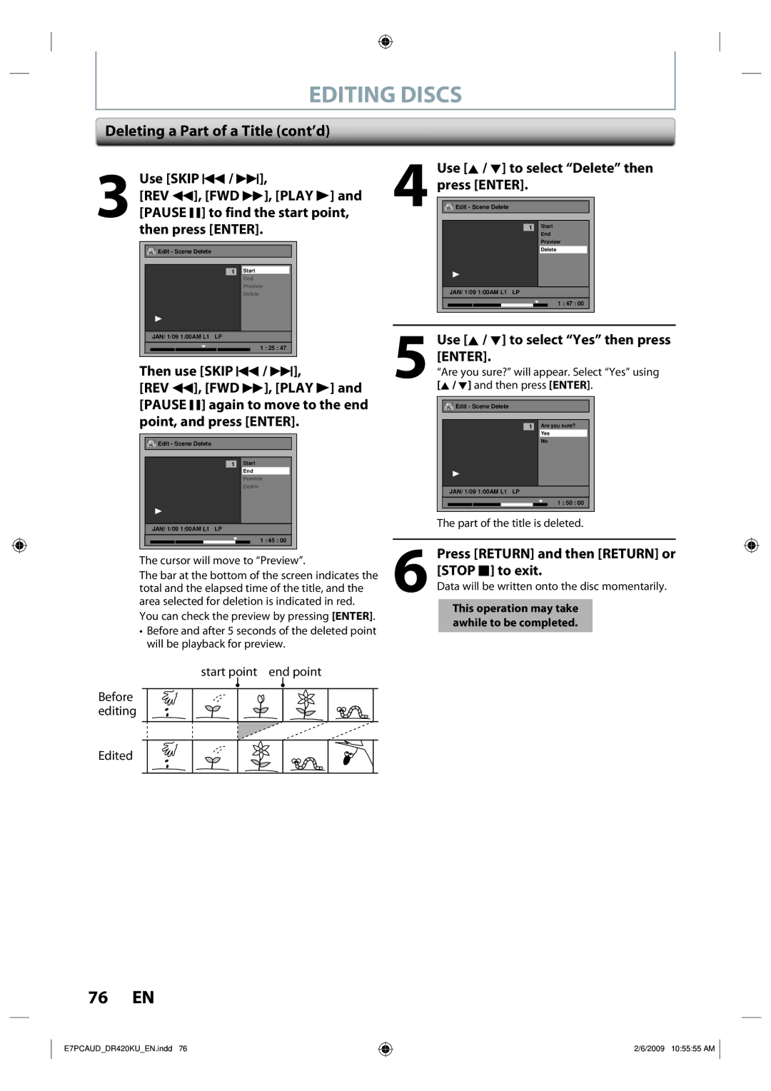 Toshiba D-R420KU owner manual Deleting a Part of a Title cont’d, Use K / L to select Delete then press Enter 