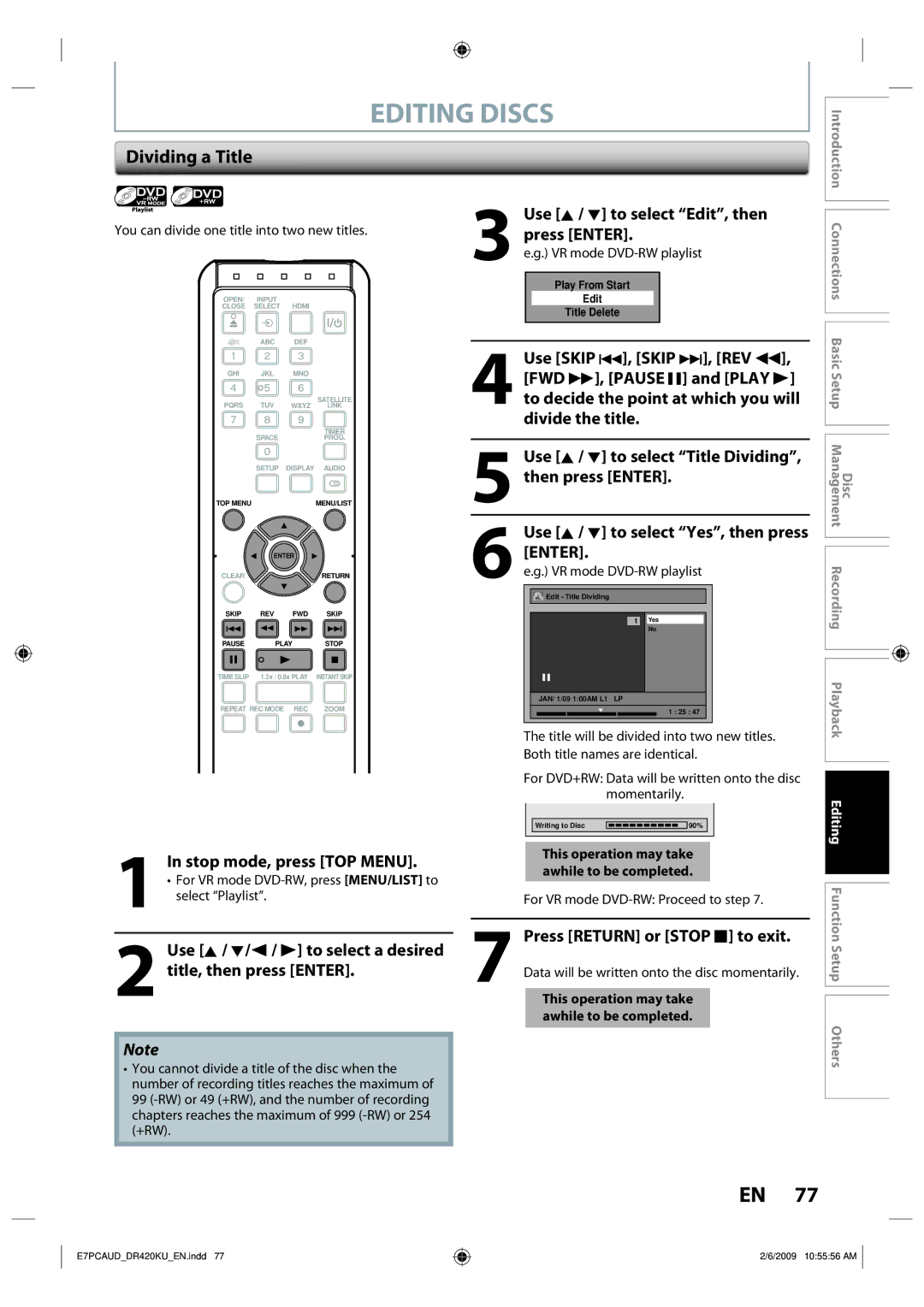 Toshiba D-R420KU owner manual Dividing a Title, Use K / L/s / B to select a desired title, then press Enter 