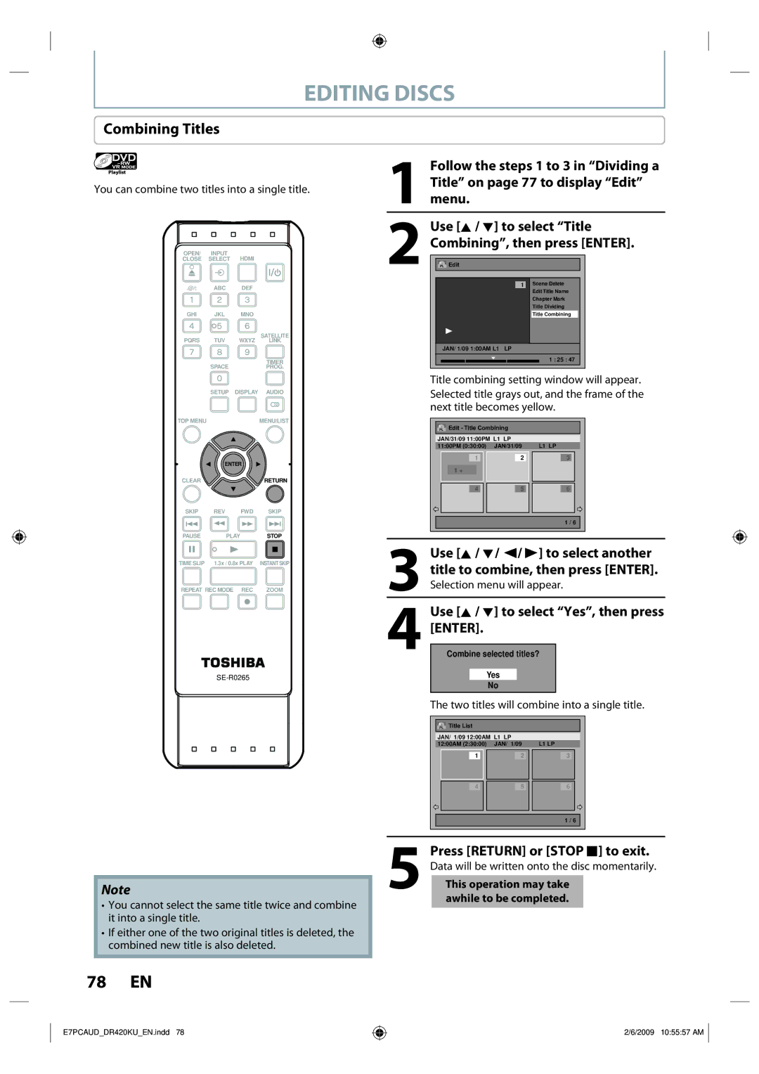 Toshiba D-R420KU owner manual Combining Titles, You can combine two titles into a single title 