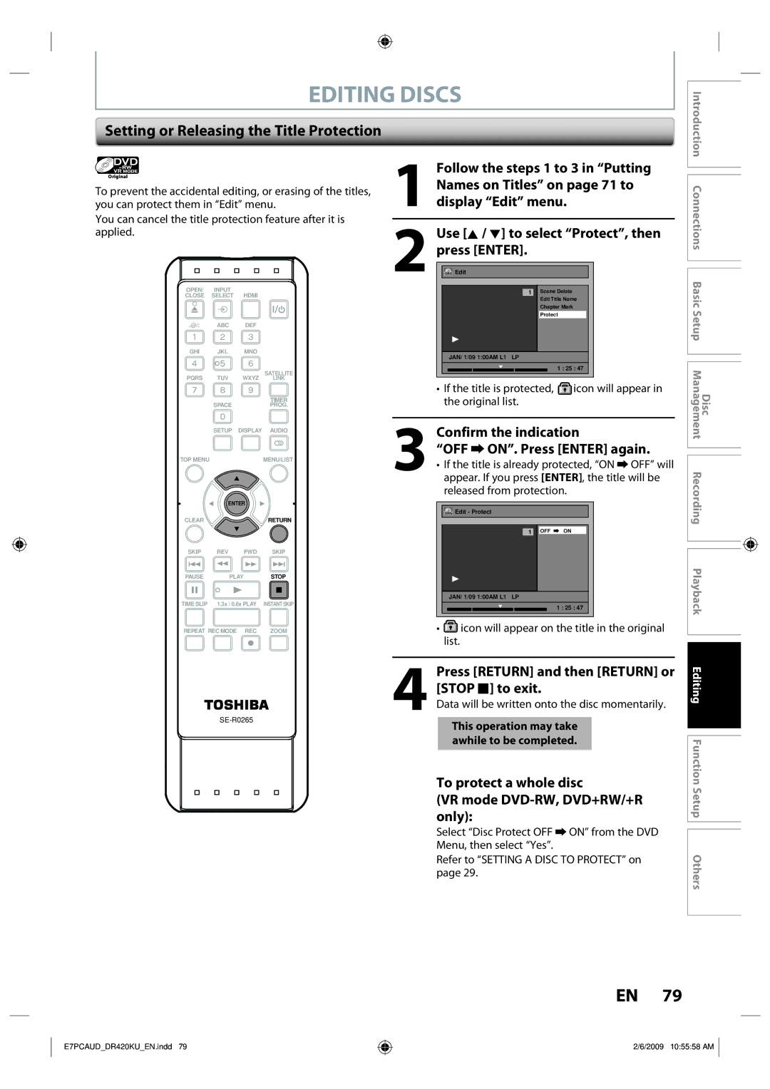 Toshiba D-R420KU owner manual Setting or Releasing the Title Protection, Confirm the indication OFF ON. Press Enter again 