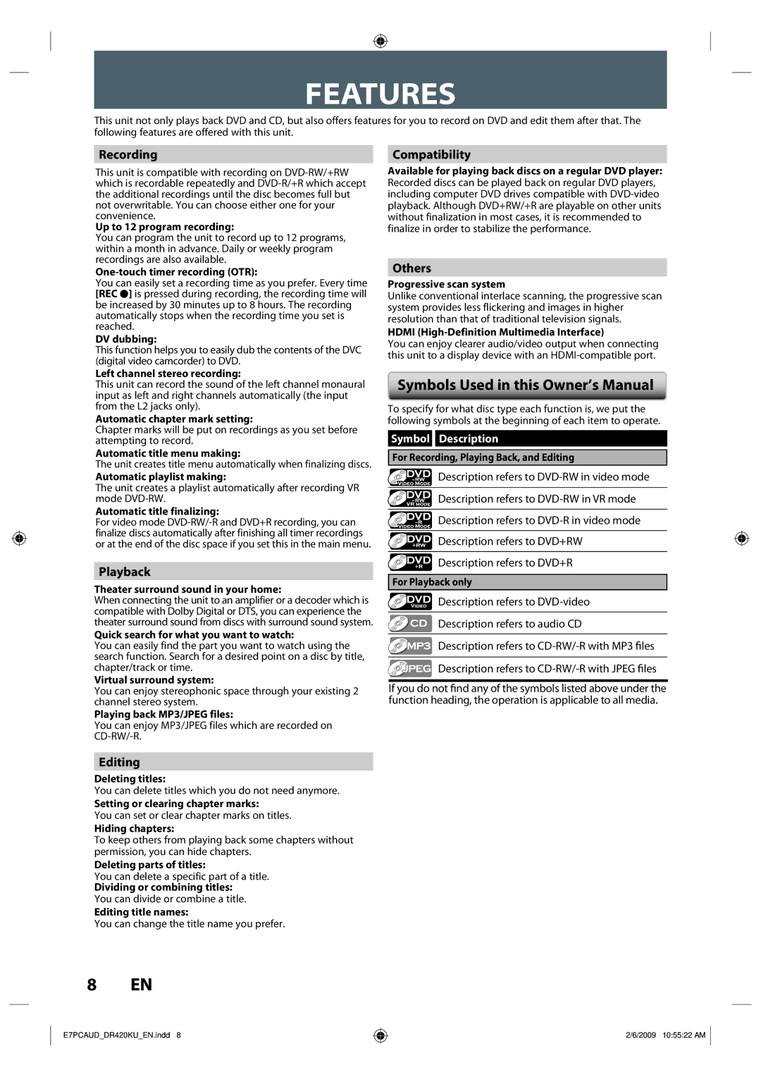 Toshiba D-R420KU owner manual Features, Recording Compatibility, Playback, Editing, Others 