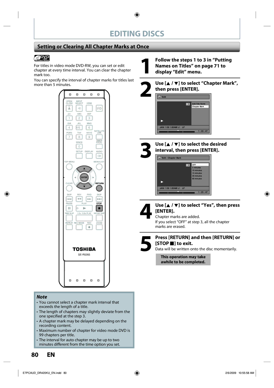 Toshiba D-R420KU Setting or Clearing All Chapter Marks at Once, Then press Enter, Use K / L to select Chapter Mark 