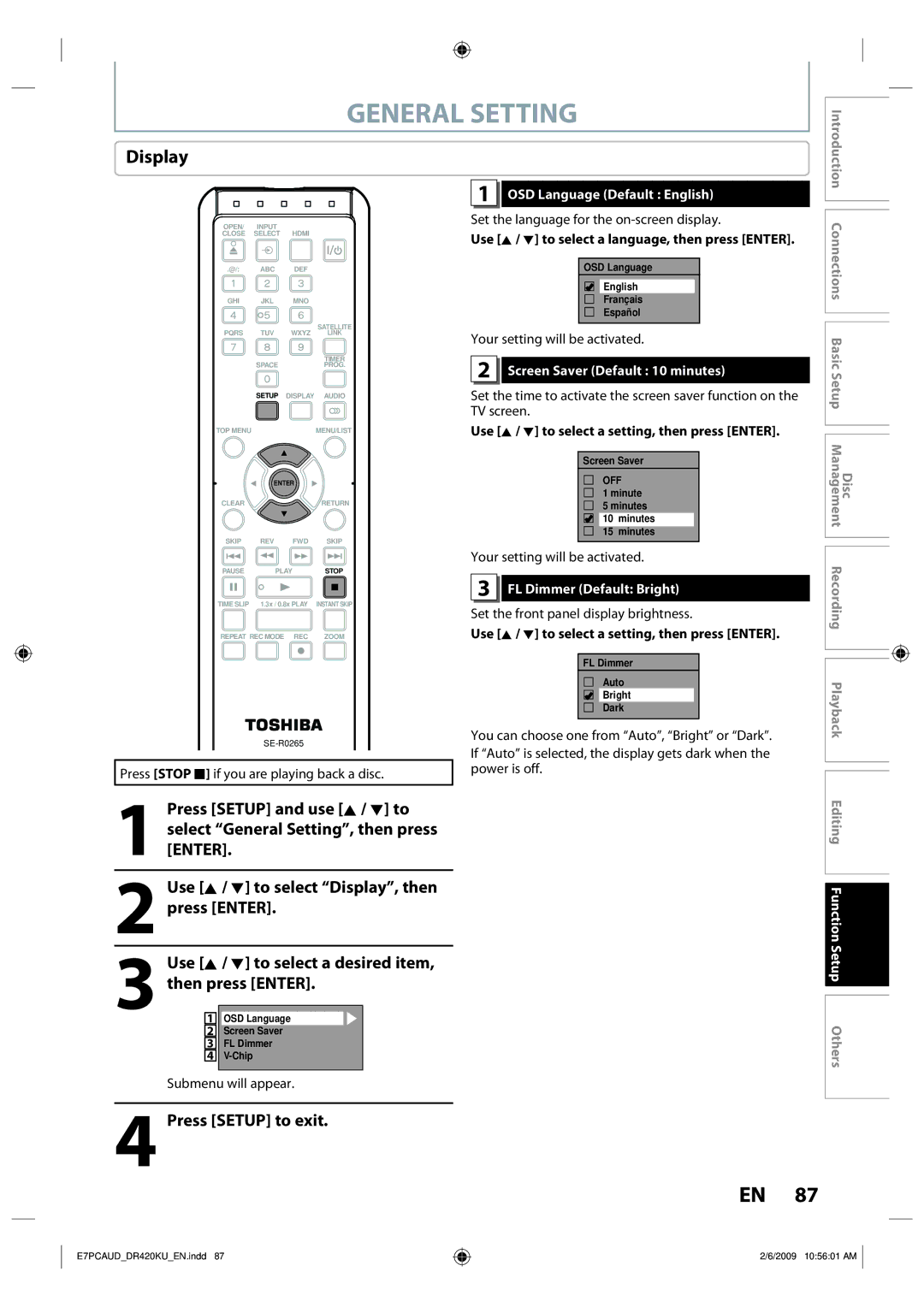 Toshiba D-R420KU Display, OSD Language Default English, Screen Saver Default 10 minutes, FL Dimmer Default Bright 